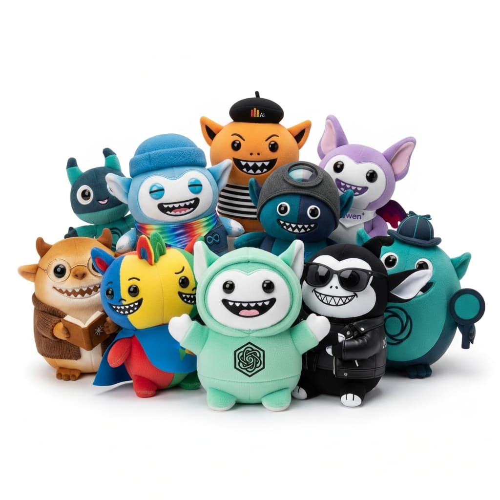 All nine MASCOT_AI collectible plush units